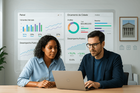 Homem e mulher trabalhando em um notebook com gráficos ao fundo